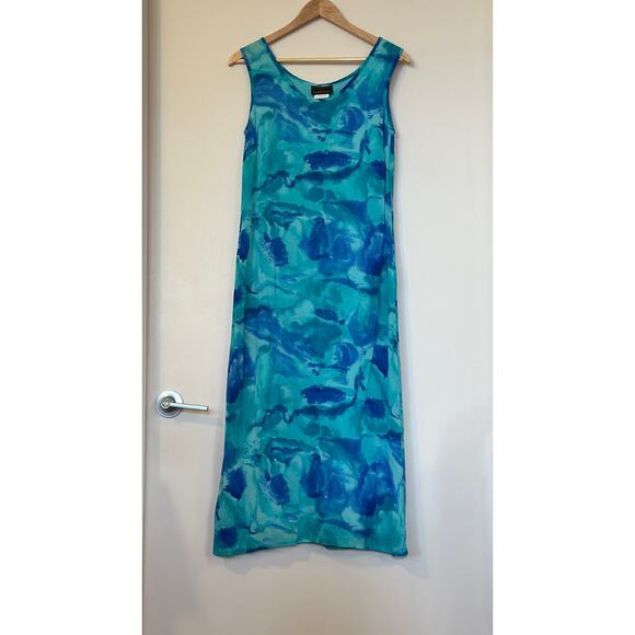 VTG '90s VERSIONS BY L Size 4 Blue Floral Paisley Abstract Sleeveless Midi Dress - Picture 2 of 6